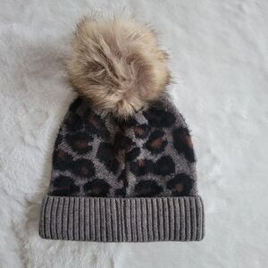 Women's Leopard Fur Pom Beanie, NWT